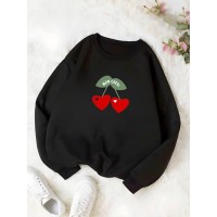 Теплая кофта с круглой горловиной из двухнитки с накатом ВИШЕНЬКИ черный