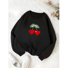 Теплая кофта с круглой горловиной из двухнитки с накатом ВИШЕНЬКИ черный