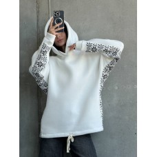 Теплый худи с капюшоном+красивым накатом+по низу кулиска молочный