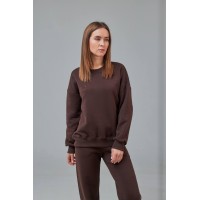 Теплый свитшот с вышивкой+круглой горловиной коричневый