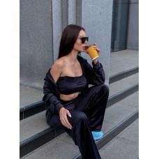 Костюм тройка велюр плюш: худи+брюки+топ черный