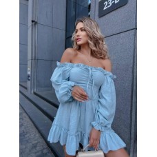 Нежное и романтичное платье с длинным рукавом фонарик на резинке голубой