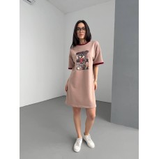 Платье- футболка свободного кроя принт ЗАЯЦ бежевый