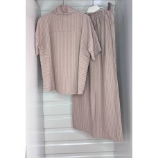 Льняной костюм в полоску (туника с высокой горловиной+юбка прямого кроя с разрезом) бежевый