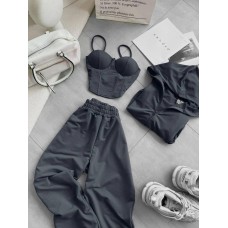 Костюм тройка: кофта + топ/корсет + джоггеры графит