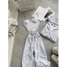 Костюм тройка: кофта + топ/корсет + джоггеры серый