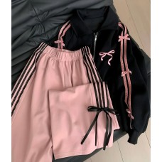Комплект (кофта+ брюи, украшенные элегантными бантами и декоративными лентами) черный+пудра