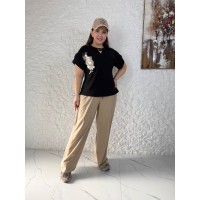 Костюм (футболка с акцентными вырезами и накатом+брюки клеш) черный+бежевый
