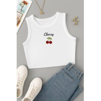 Кроп-топ с вышивкой "CHERRY" рубчик белый