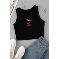 Кроп-топ с вышивкой "CHERRY" рубчик черный