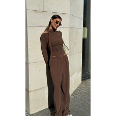 Костюм (кофта со спущенными плечами+ассиметричным кройем+шарфи и широкие брюки) шоколад