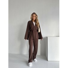 Трикотажный костюм (кардиган на запах под пояс+брюки) шоколад