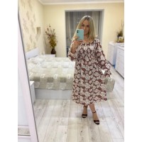Шелковистое Платье с рюшей принт розы длиной миди коричневый