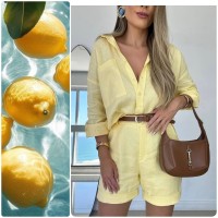 Льняной костюм (свободная рубашка+шорты с высокой посадкой) лимонный
