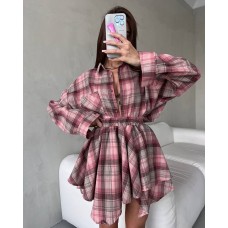Костюм в клетку (рубашка оверсайз+юбка двойная асимметричного кроя) розовый