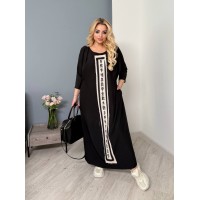 Женственное Платье с разрезами по бокам+карманами+вставкой льна с орнаментом черный