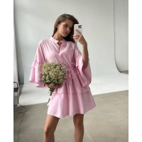 Короткое женственное платье с поясом (лен) розовый