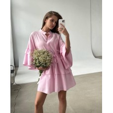 Короткое женственное платье с поясом (лен) розовый