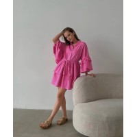 Короткое женственное платье с поясом (лен) малина