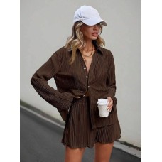 Легкий костюм из ткани гофре (рубашка+шорты) шоколад