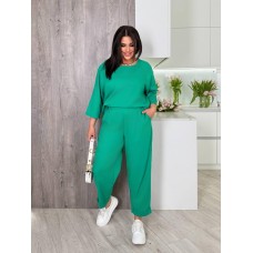 Удобный костюм кофта с круглым вырезом+прямые брюки на резинке трава