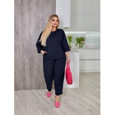 Удобный костюм кофта с круглым вырезом+прямые брюки на резинке темно-синий