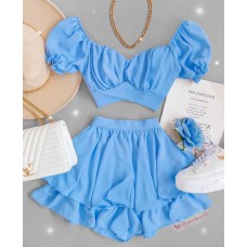 Стильный костюм (топ с рукавами-фонариками+ юбка-шорты) голубой