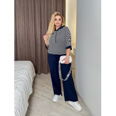 Трикотажный костюм (брюки клеш с карманами+кофта с капюшоном в полоску) т,-синий+темно-синяя полоска