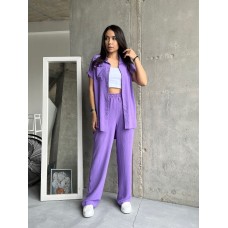 Женский костюм двойка рубашка с коротким рукавом и брюки сиреневый