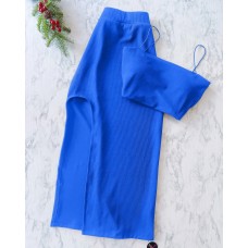 Трикотажный костюм (топ на бретелях+юбка с разрезом) синий