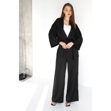 Шелковый костюм с нежным принтом (кофта-кимоно под пояс+брюки свободного кроя) черный