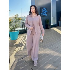 Льняной комфортный костюм (топ+рубашка+брюки) бежевый