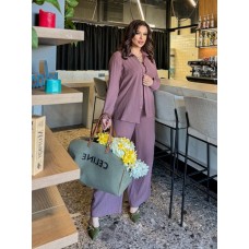 Льняной комфортный костюм (топ+рубашка+брюки) мокко