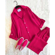 Легкий костюм рубашка+штаны с карманами малина