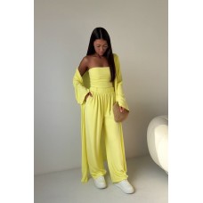 Костюм тройка (длинный кардиган+топ+свободные брюки) лимонный