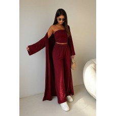 Костюм тройка (длинный кардиган+топ+свободные брюки) бордо