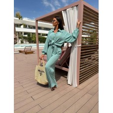 Костюм-тройка: топ-бандо на резинке+брюки палаццо+легкая рубашка мятный