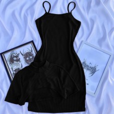 Стильный костюм (укороченный топ+платье на бретелях) черный