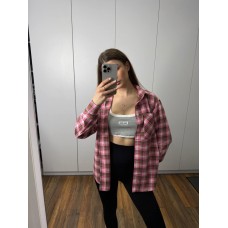 Рубашка свободного кроя из фланели в клетку шоколад+розовый