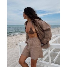 Льняной легкий костюмчик рубашка+шорты мокко