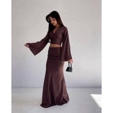 Шелковый костюм: топ с широкими рукавами+юбка шоколад
