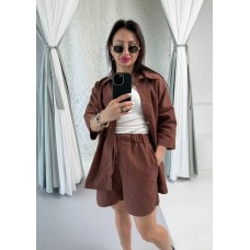 Льняной костюм (свободного кроя шорты+рубашка) шоколад