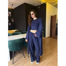 Комплект 3в1  (кимоно+футболка+брюки палаццо) темно-синий