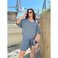 Летний костюм в цветочный принт (шорты оптимальной длины+туника) черно-голубая клетка