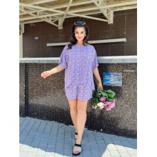 Яркий женский костюм (шорты+туника) штапель лаванда+черный