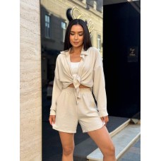 Летний костюм с креп жатки: рубашка свободная+шорты с поясом на резинке бежевый
