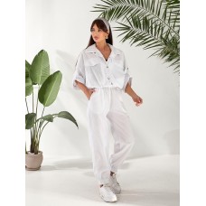 Летний костюм: рубашка на молнии+брюки на манжетах белый