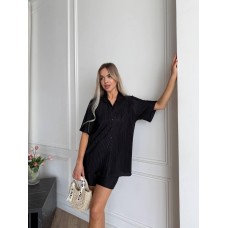 Летний женский костюмчик: рубашка с коротким рукавом+шорты (гофре) черный