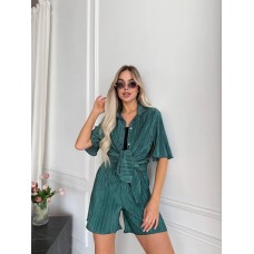 Летний женский костюмчик: рубашка с коротким рукавом+шорты (гофре) изумруд