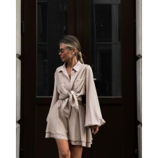 Легкий костюм (рубашка с пышными рукавами+широкие шорты) бежевый